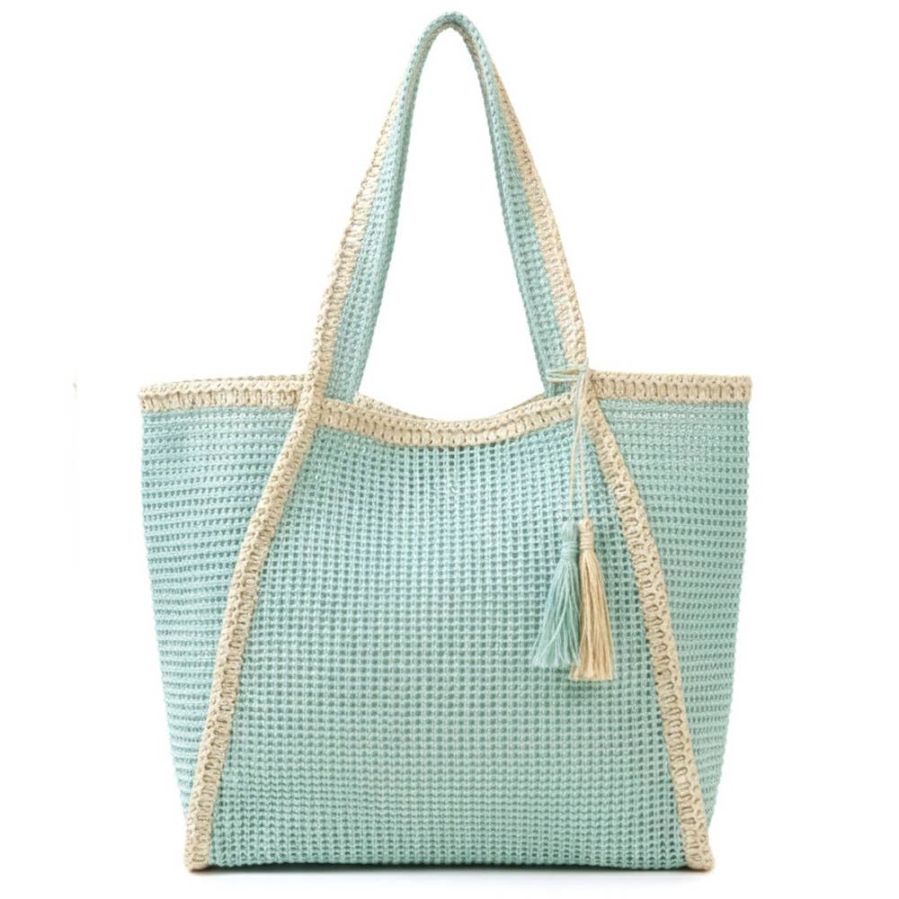 Two Tone Woven Straw Tote Bag