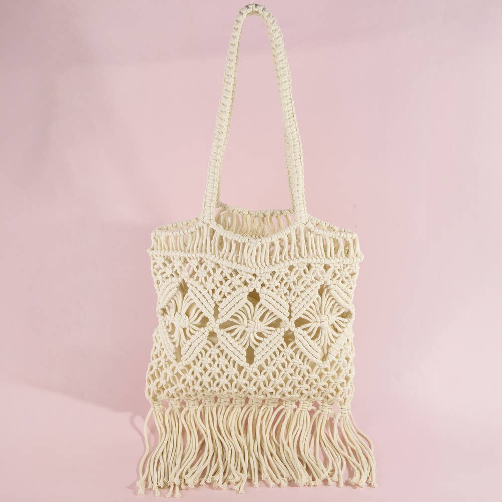 Macrame Fringe Handbag With Wood Bead Handle