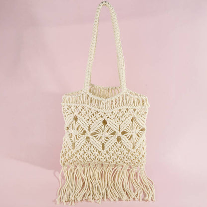 Macrame Fringe Handbag With Wood Bead Handle