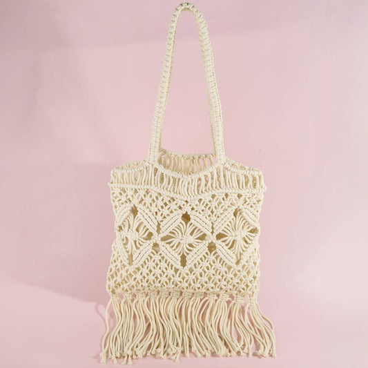 Macrame Fringe Handbag With Wood Bead Handle