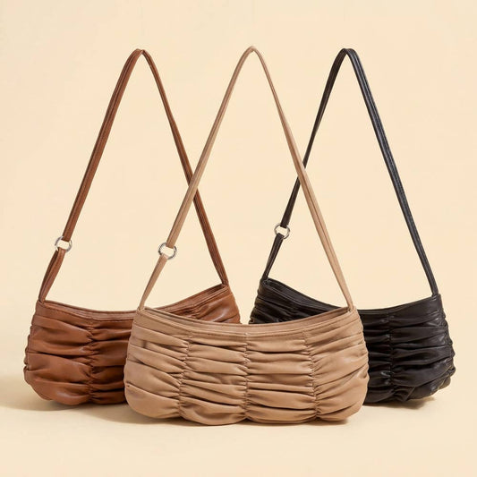 Ruched Faux Leather Baguette Shoulder Bag