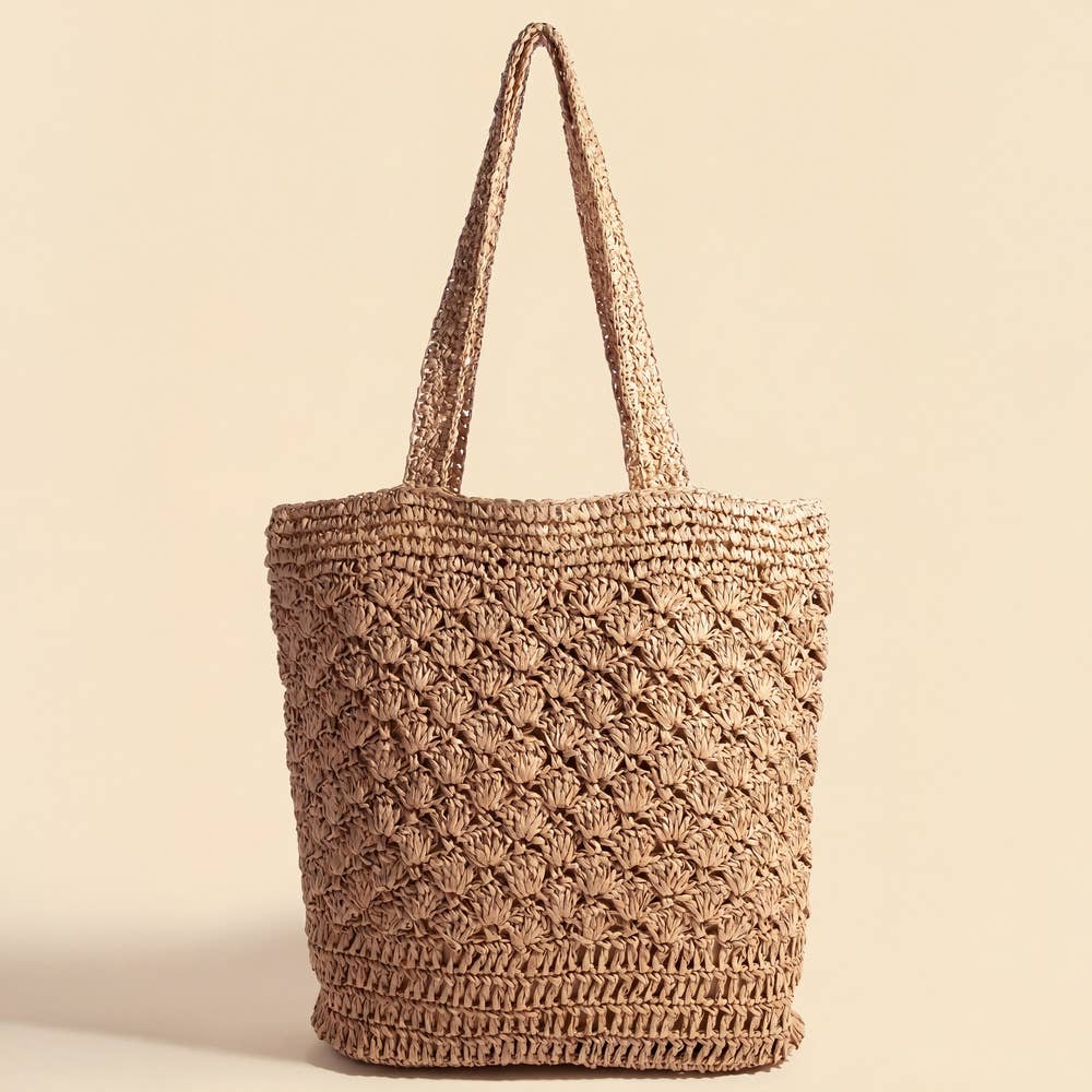 Large Woven Straw Fan Stitch Shoulder Tote Bag