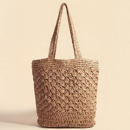 Large Woven Straw Fan Stitch Shoulder Tote Bag