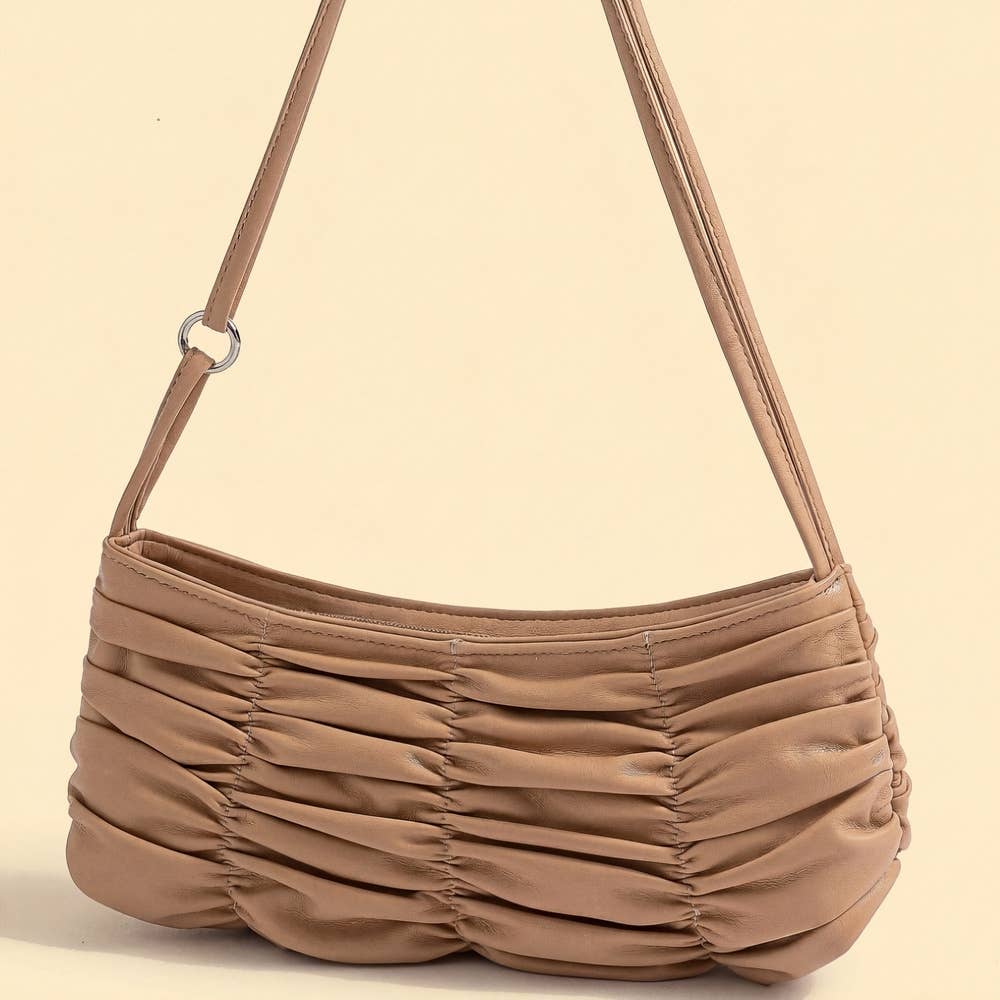 Ruched Faux Leather Baguette Shoulder Bag