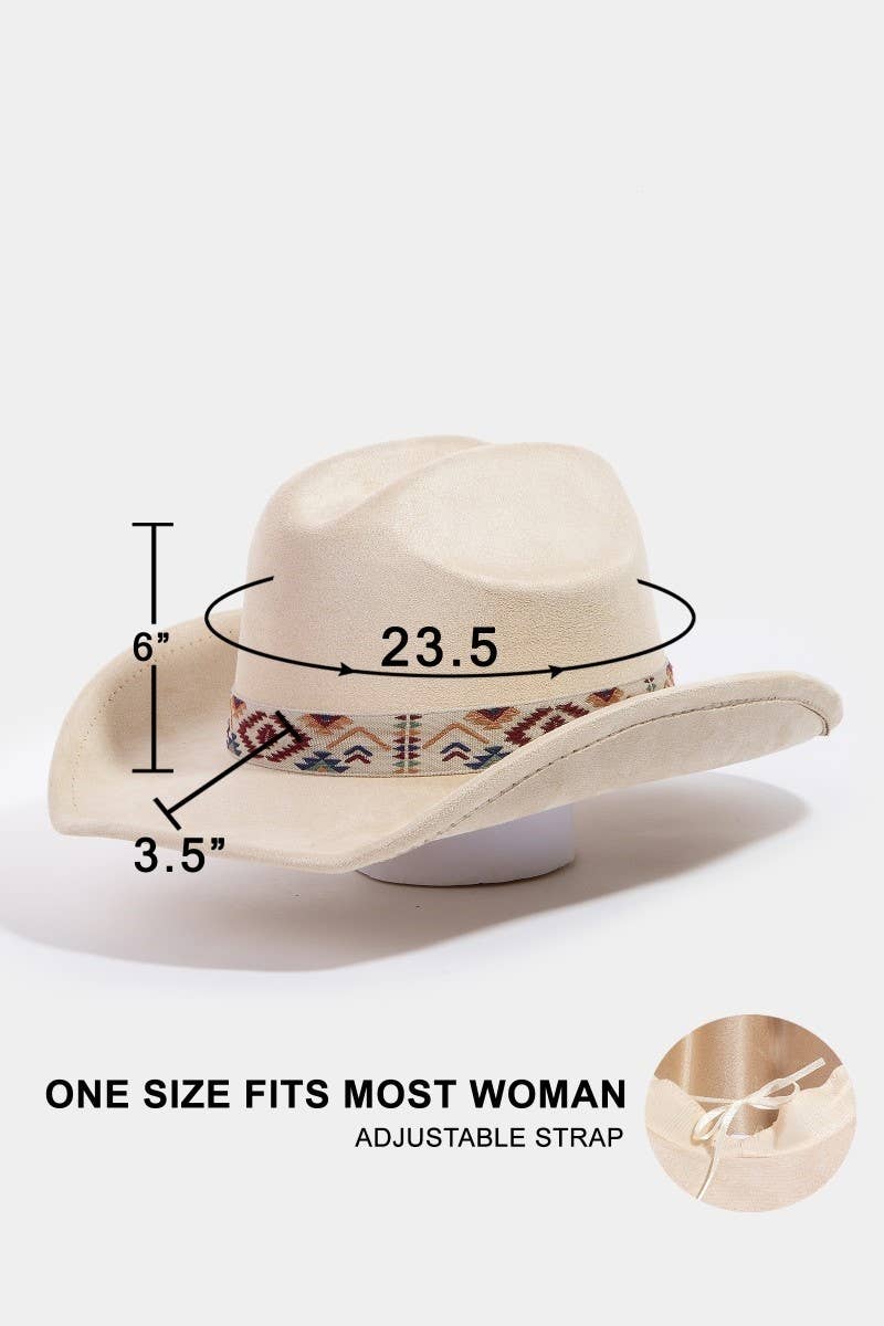 Boho Embroidered Strap Faux Suede Cowboy Hat