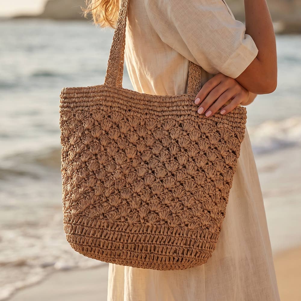 Large Woven Straw Fan Stitch Shoulder Tote Bag