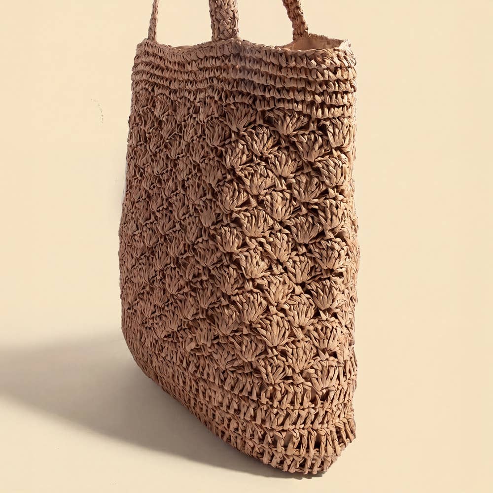Large Woven Straw Fan Stitch Shoulder Tote Bag