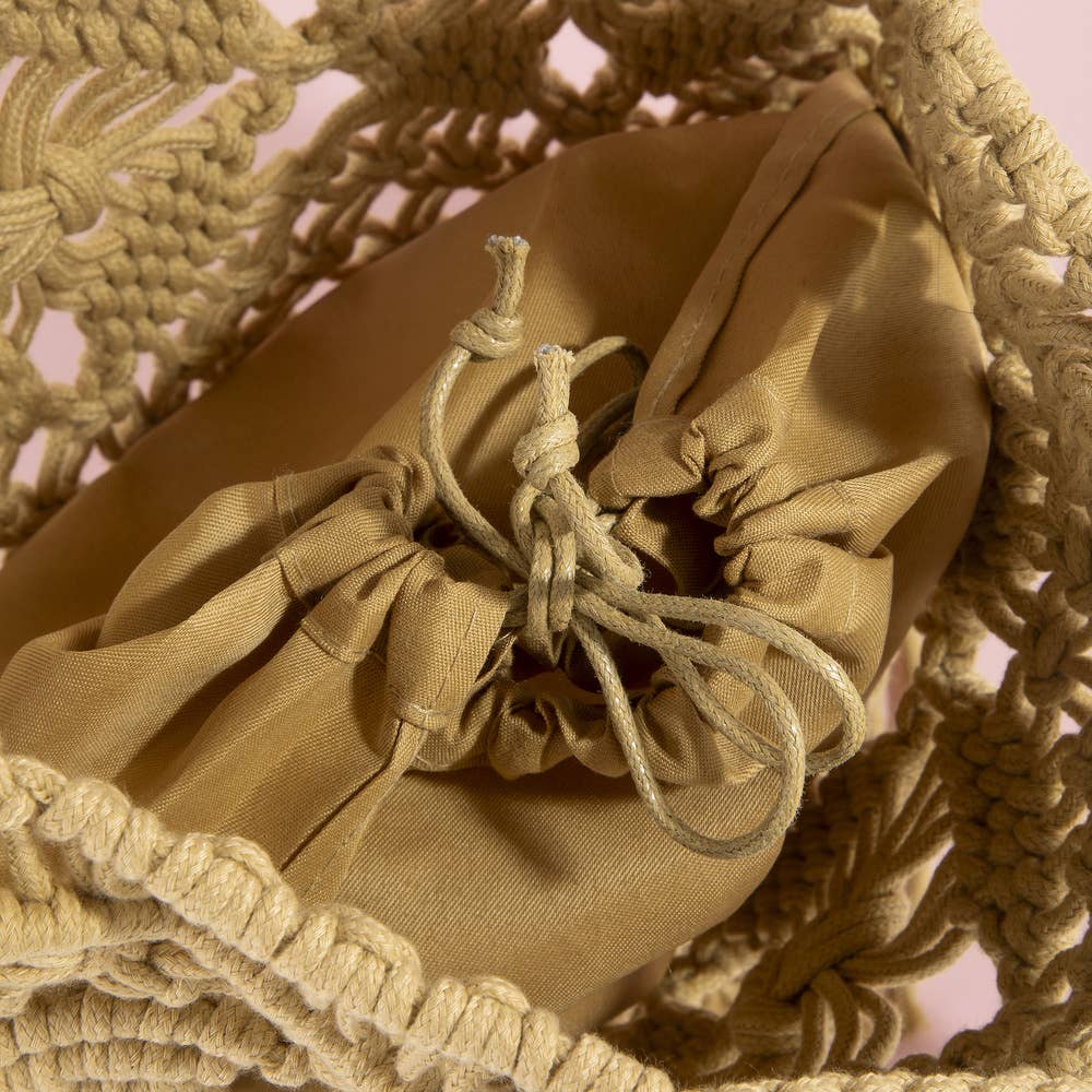 Macrame Fringe Handbag With Wood Bead Handle